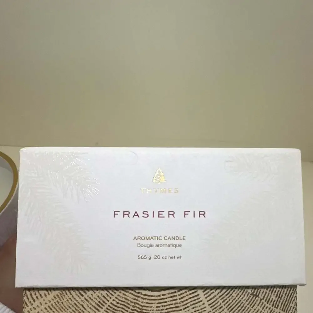 BNIB Thymes Frasier Fir Candle Large 20 oz Round White/Gold Holiday 3 Wick